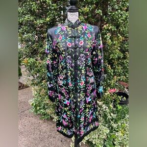 Floral Embroidered Black Mandarin Coat M
